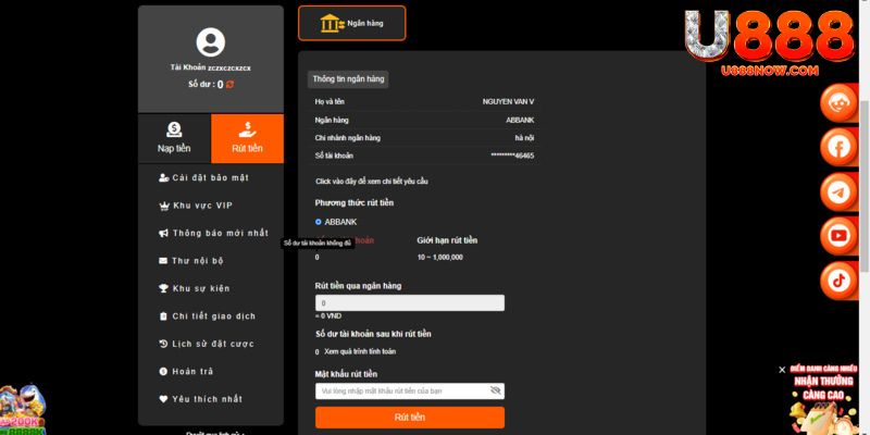 Quy trình rút tiền U888 cần nắm rõ